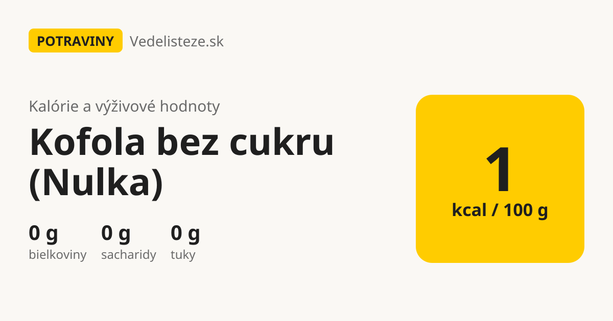 Kofola bez cukru (Nulka): 1 kcal, 0 g bielkovín, 0 g sacharidov a 0 g tukov na 100 g